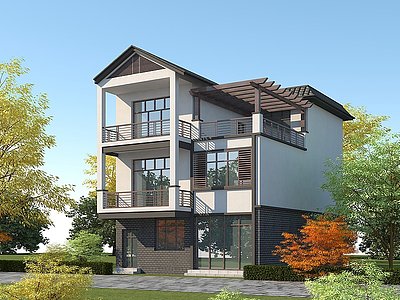 3d新中式别墅青瓦白墙模型