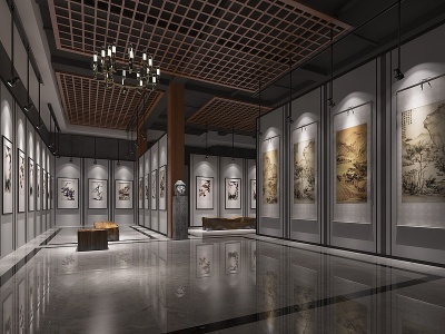 中式文化展厅字画展厅画展模型3d模型