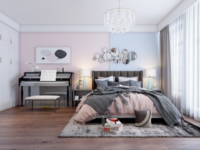 3d北欧女儿房卧室床具钢琴模型