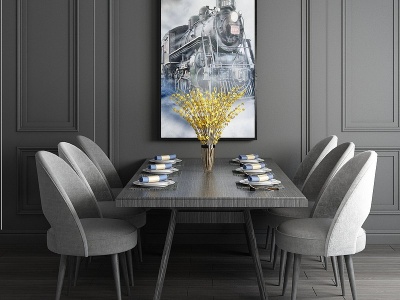 3d现代餐厅桌椅餐桌壁画背景模型