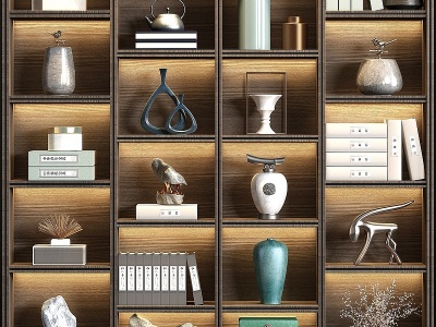 3d新中式实木装饰柜饰品组合模型