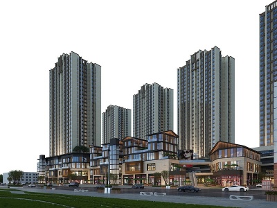 3d新中式商业街现代高层住宅模型