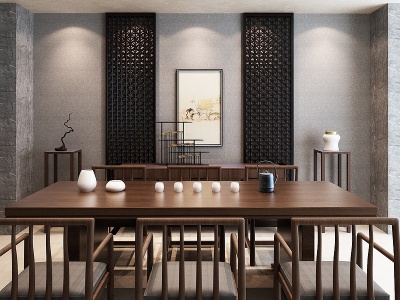 新中式餐桌椅餐边柜组合模型3d模型