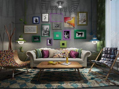3d现代沙发组合挂画墙饰品模型