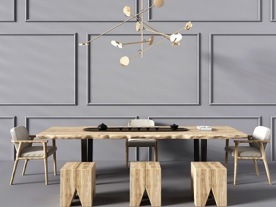 3d新中式茶桌椅茶室木头台模型