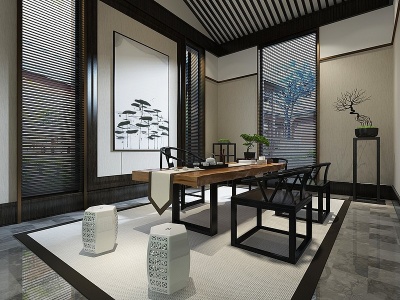 3d新中式休闲茶室茶桌椅模型