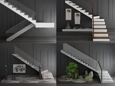 新中式楼梯玻璃扶手栏杆模型3d模型