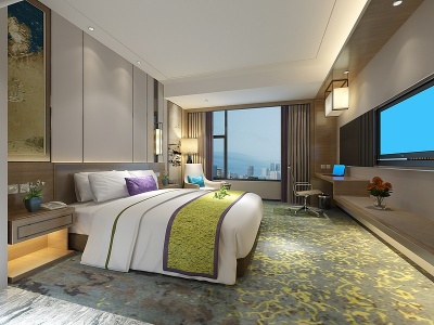 3d新中式酒店宾馆客房大床房模型