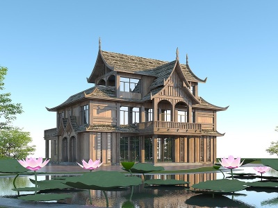 3d傣族木结构客栈三层木屋模型