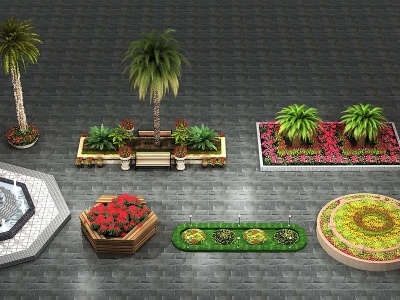 3d现代花坛树池喷泉彩灯模型