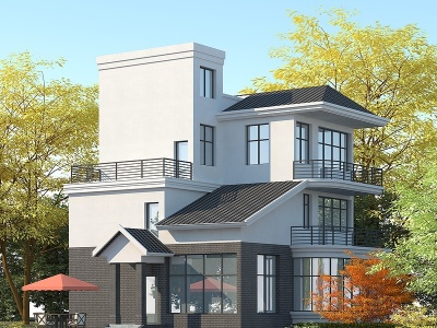 独栋别墅青瓦青砖白墙模型3d模型
