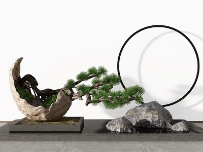 3d新中式松树石头水景摆件模型