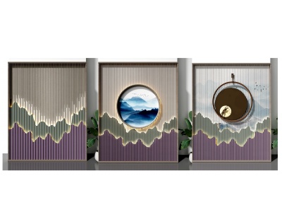 3d新中式山水背景墙组合模型