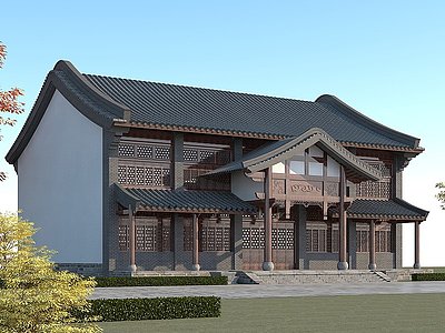 中式酒店古建青瓦白墙模型3d模型