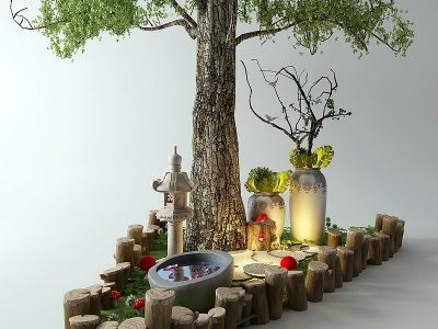 3d新中式景观小品木桩树模型