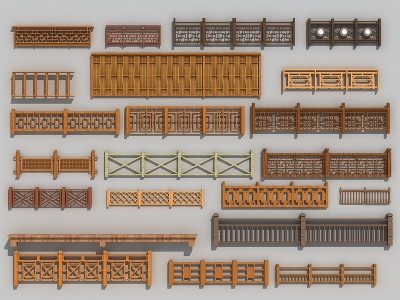 3d中式木质栏杆围栏栅栏模型