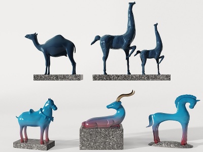 新中式蓝色陶瓷雕塑摆件模型3d模型
