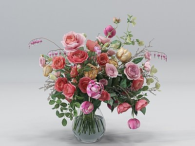 3d现代玫瑰花卉玻璃花瓶插花模型