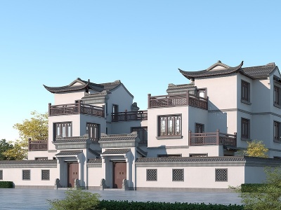 3d中式别墅双拼徽派建筑模型
