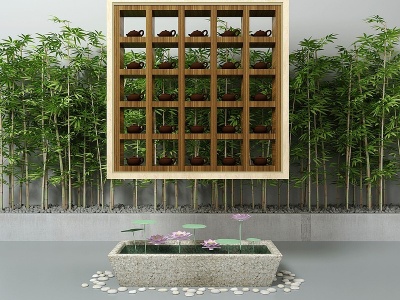 3d竹林石槽茶艺园艺水景小品模型