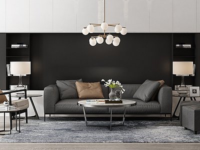 3d现代客厅沙发茶几吊灯组合模型