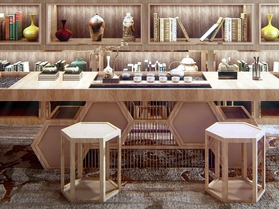 3d传统中式茶室书架茶桌椅模型
