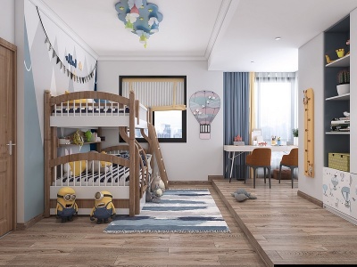 3d北欧卧室儿童房上下铺模型