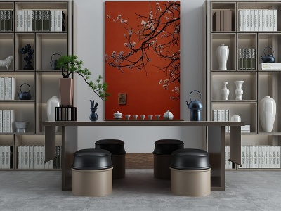3d新中式茶室书房样板间模型