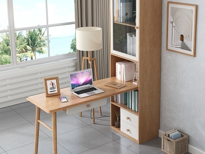 3d北欧风格书桌椅书柜模型