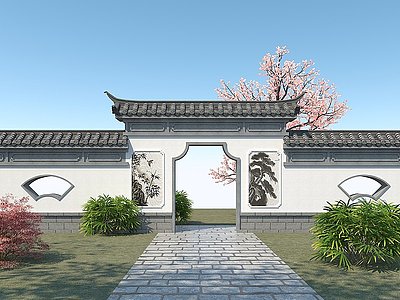 3d中式景墙<font class='myIsRed'>园林景观墙</font>庭院门模型