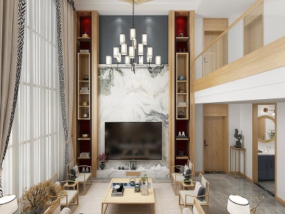 3d新中式别墅客厅茶室模型
