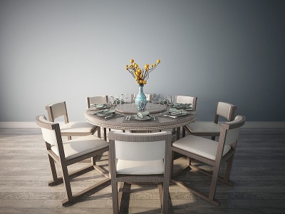 3d现代圆形餐桌椅摆件组合模型