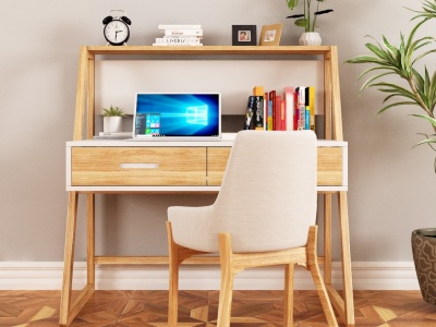 3d现代书桌椅电脑绿植模型