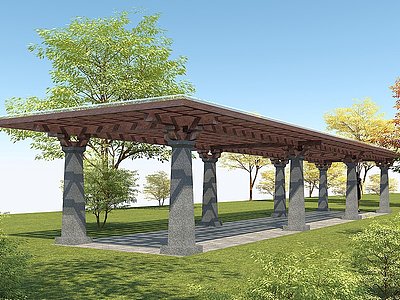 3d新中式廊架花架长廊景观模型
