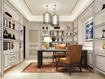 3d中式客厅书房沙发组合模型