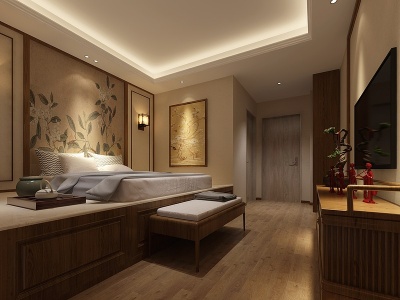 3d新中式民宿酒店卧室模型