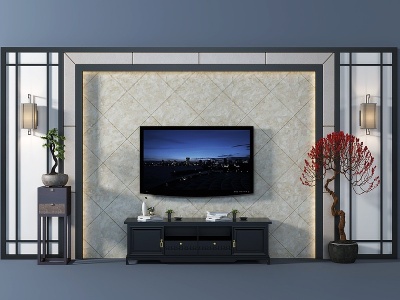 3d新中式电视柜背景墙模型