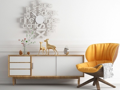 北欧黄色单椅实木边柜摆件模型3d模型
