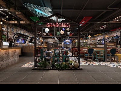 3d工业风海洋主题烤鱼餐厅模型