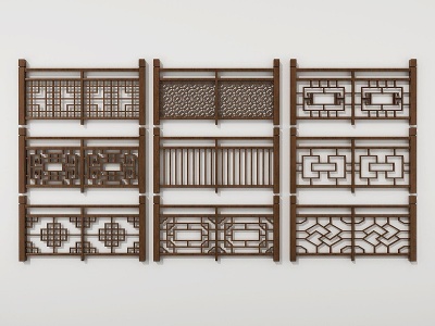 3d中式实木雕花栏杆模型