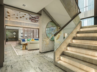 3d新中式客厅楼梯间模型