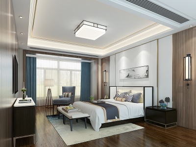 新中式卧室床吸顶灯壁灯模型3d模型