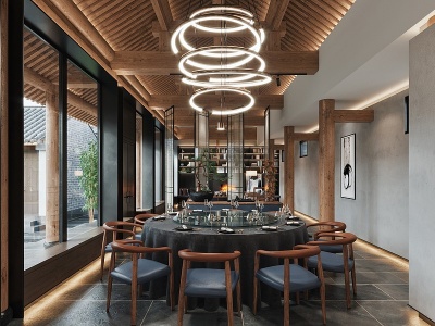3d新中式酒店餐厅休息区模型