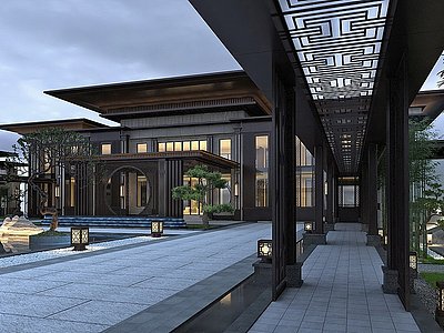 新中式建筑走廊过道庭院模型3d模型