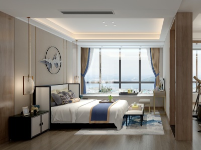 3d新中式卧室床书桌吊灯模型