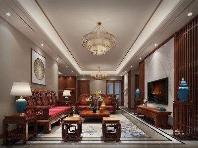 3d新中式客厅红木家具模型