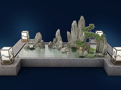3d中式水景假山落地灯模型