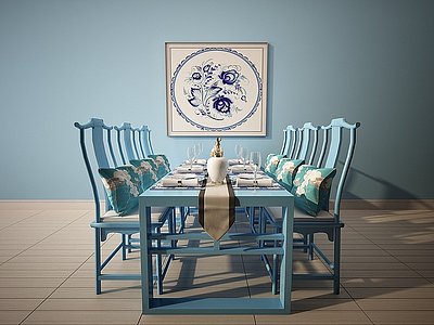 3d中式蓝色餐桌椅模型