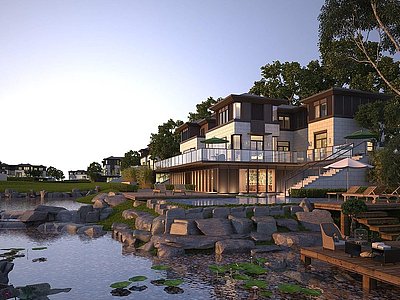 3d简欧河边独栋别墅建筑外观模型