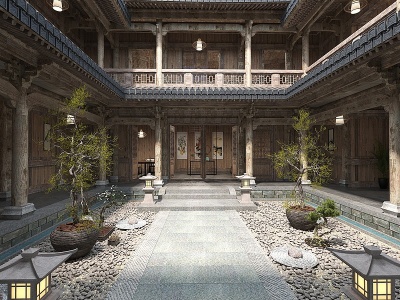 3d中式古建四合院中庭民宿模型